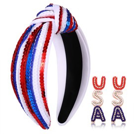 YAHPERN 4th of July Headbands for Women American Flag Headband Patriotic Red Blue White Beaded USA Headbands Jeweled Crystal Pearl Knotted Headband 4th of July Hair Accessories Gifts (USA 3)