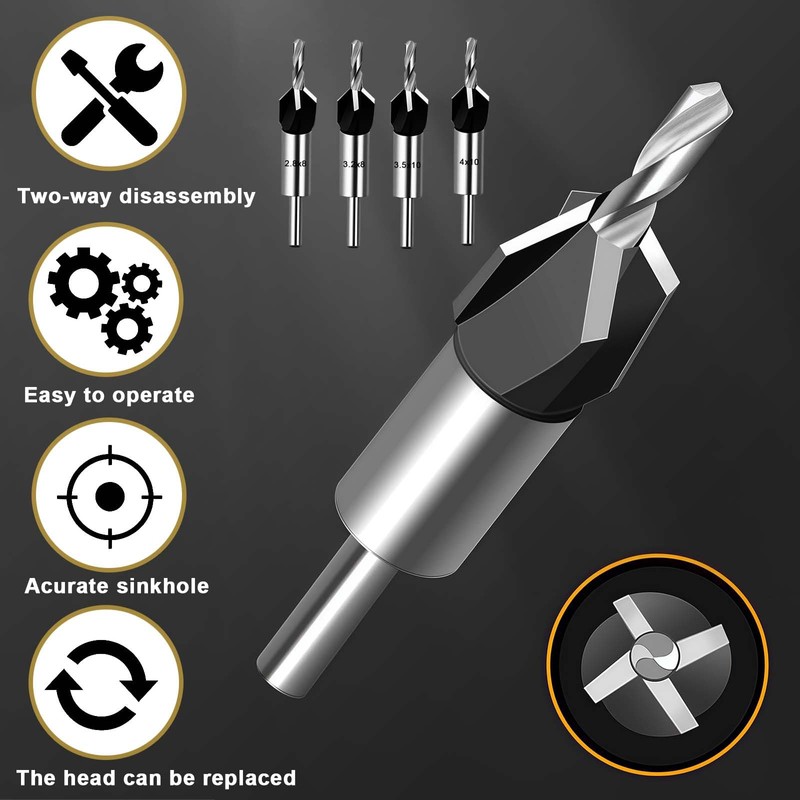 LUMOOM 6-Piece Countersink Drill Bit Set with Adjustable Depth Stop,