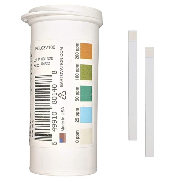 Bartovation Restaurant Chlorine Sanitizer Plastic Test Strips, 0-200 ppm [Moisture Wicking Vial of 100 Strips]