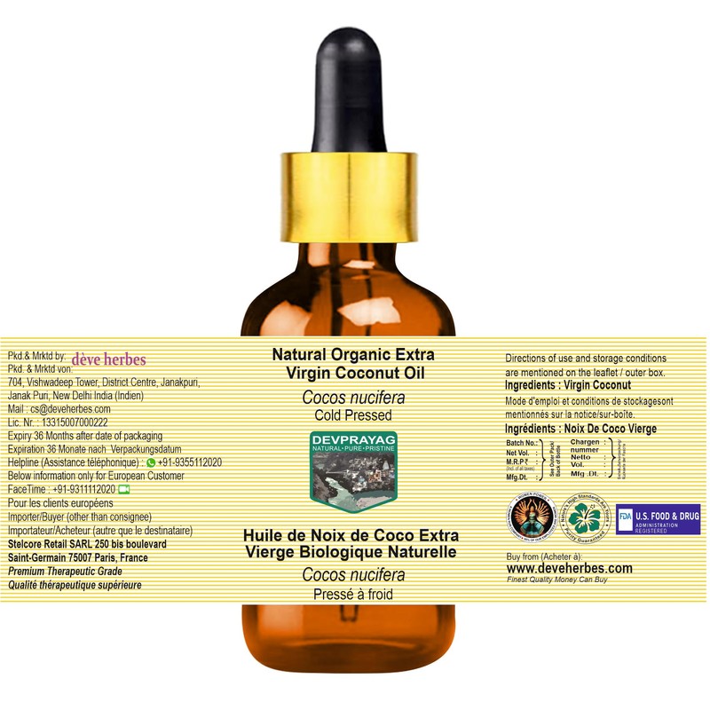 Devprayag Natural Organic Extra Virgin Coconut Oil (Cocos nucifera) with