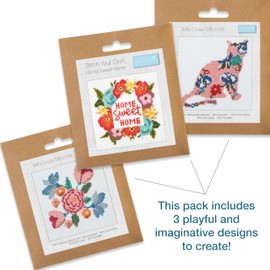 Trimits 3PK Cross Stitch Bundle – Counted Embroidery Kit, Beginner & All Level Starter Set, Complete with Instructions & Thread Children Wall Home DIY Décor – 13x13cm – Home Sweet Home, Cat, Flowers