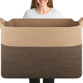 XXXL Supre Large Blanket Basket for Clothes, Towels, Pillows, 108L Cotton Rope Storage Basket for Living Room, Supre Large Woven Toy Storage for Kids, 25" x 16" x 16", Brown and Black