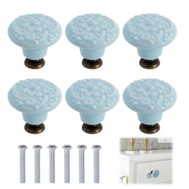 6 Pcs Ceramic Drawer Knobs, 31x34mm Vintage Pattern Ball Shape Pull Handles with Mounting Screws, Lovely Door Pull Knob for Home Dresser Cupboard Wardrobe Handles (Sky Blue)