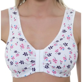 Gemm Womens Stretch Soft Cotton Lycra Non Wired Front Fastening Comfortable Bra, White Floral, 40