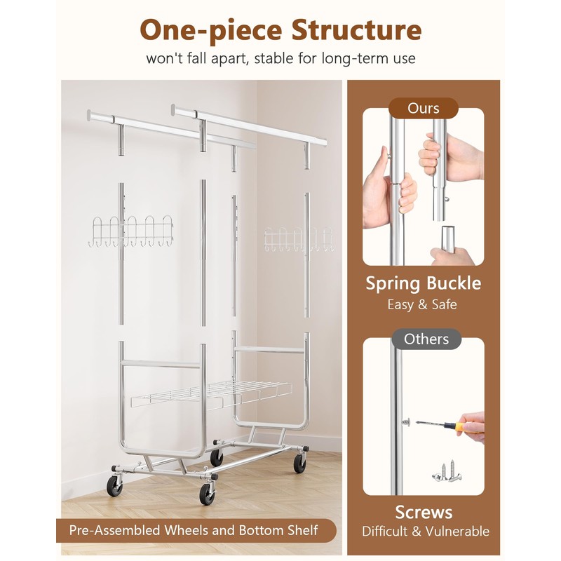 Hoctieon 2-Minute Assembly Double Rod Clothes Rack, Heavy Duty Rolling