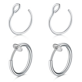 QWALIT Fake Nose Ring Fake Lip Piercing Fake Lip Ring Fake Nose Ring Hoop Fake Snake Bites Fake Lip Piercings Faux Lip Rings Fake Nose Piercing Spring Clip on Nose Ring Silver
