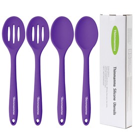 Silicone Spoon for Cooking, BPA Free Silicone Slotted Solid Spoons Set Heat Resistant, Dishwasher Safe Nonstick Silicone Kitchen Serving Spoon Set for Mixing Basting Stirring, Purple