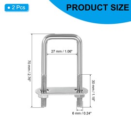 PATIKIL Square U-Bolts, M6x25x70mm Square Bend U-Bolt 304 Stainless Steel Pole U Bolt with Nut Plate Washer for Boat Trailer Camping Sailboat, Pack of 2