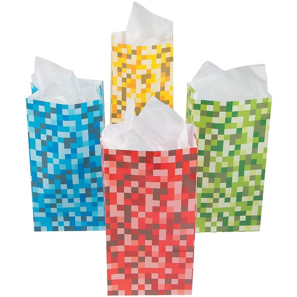 Fun Express - Pixel Pattern Treat Bags - Party Supplies - Bags - Paper Treat Bags - 12 Pieces