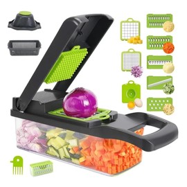 Cortador de Verduras 16 en 1, Picadora Multifunción con 7 Cuchillas de Acero Inoxidable Intercambiables, Incluye Recipiente, Rallador, Separador de Hu