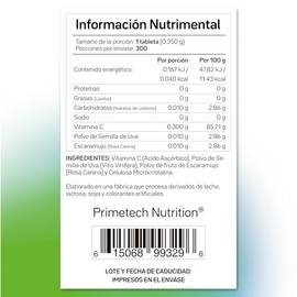 Primetech Nutrition Vitamina C, 300 Tabletas 300 Mg, Dósis No Tóxica Y Potente Antioxidante Que No Produce El Cuerpo, Ayuda A La Absorción Del Colágen
