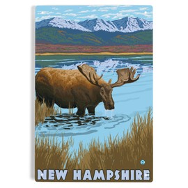 Lantern Press 6x9 Inch Metal Sign, New Hampshire, Moose Drinking in Lake