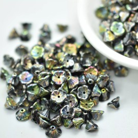 25 Beads - 7x5mm Bell Flower Cup Jet Full Vitrail - Czech Glass