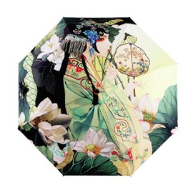 Portable Folding Automatic Umbrella Telescopic Lightweight Compact Travel Sun Umbrellas Parasol Windproof, Rainproof & 99% UV Protection with Black Anti-UV Coating, UPF 50+ (archaistic Girl)