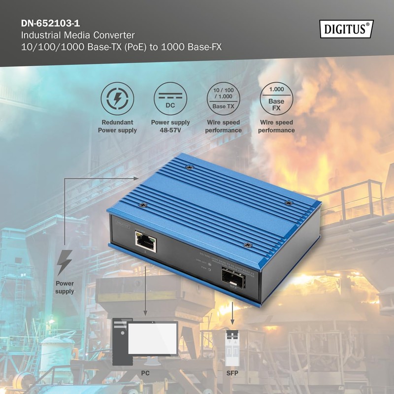 DIGITUS Industrial Gigabit Media Converter - 1 RJ45 Port, 1