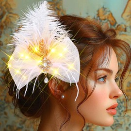 GENBREE Light Up 1920s Feather Hair Clip Bow Flapper Headpiece Fascinator Hair Accessories for Women