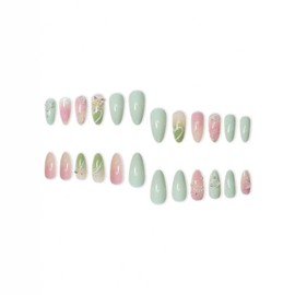 24pcs(+Tools) Press on Nails - 3D Handmade Flowers, Water Drops, Butterflies, Love Hearts, Smudges, Almond-Shaped False Nails Colorful Natural Stick on Fake Nails for Women&Girl Spring and Summer