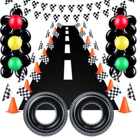 78 Pcs Race Car Birthday Party Decor Include 46 Traffic Light Balloons, 12 Traffic Cones, 12 Checkered Flag, 2 Pennant Banner, 2 Tire Swimming Ring, 1 Track Running Mat, and 3 Assembly Accessories