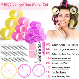 Qinzave 41 Pcs Jumbo Hair Curlers Rollers with Clips Big Hair Rollers with 3 Sizes 64mm 55mm 48mm, Self Grip Hair Roller for Long Medium Short Thick Thin Bangs Volume, Hair Roller with Comb Braid Tool