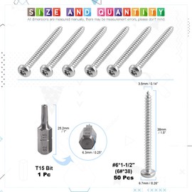 Glarks 51Pcs #6 x 1-1/2'' Button Head Torx Security Machine Screws Stainless Steel Tamper Resistant Screws with T15 Bit (50pcs #6 x 1-1/2'')