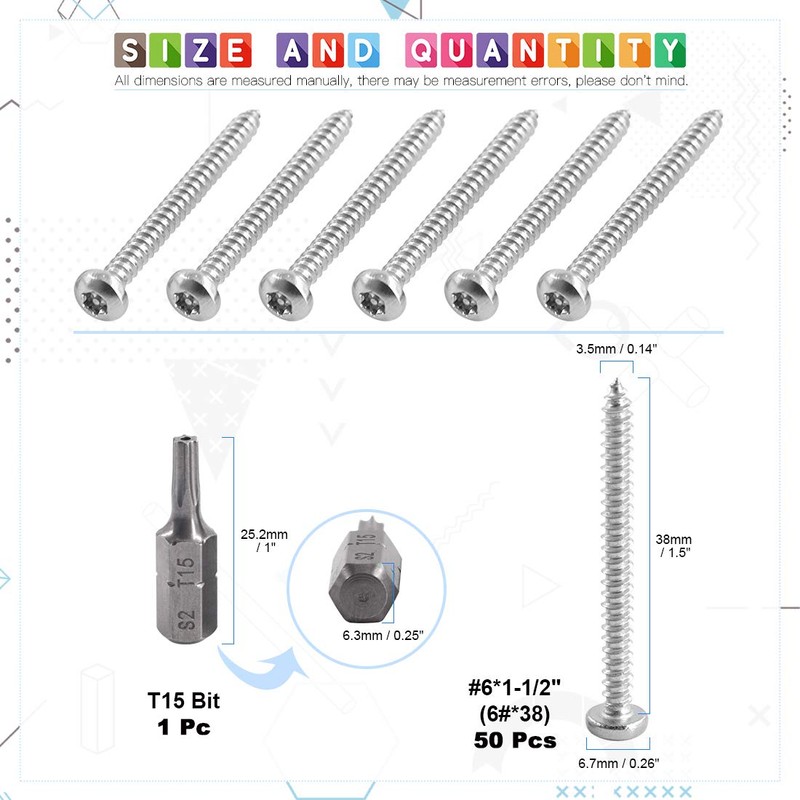Glarks 51Pcs #6 x 1-1/2'' Button Head Torx Security Machine