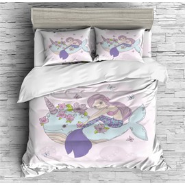 REALIN Cartoon Blue Narwhal Duvet Cover Set Narwhal Marine Animal Bedding Girl Boy Kids Bed Sets 2/3/4PCS Quilt Covers/Sheets/Pillow Shams,Twin/Full/Queen/King (C,Full-200x229cm-3PCS)