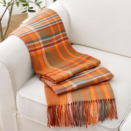 BATTILO HOME Orange Plaid Throw Blanket for Couch, Soft Cozy Checkered Blanket with Tassels, Lightweight Decorative Fall Throw Blanket for Bed, Sofa, Chair, Gifts, Home Decor 50"x60"