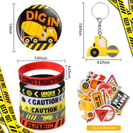 Construction Party Favors Construction Theme Birthday Party Supplies Mini Construction Vehicles Toy Rubber Bracelet Keychain Stamper Button Pin Truck Stickers Bags for Birthday Party Gift (24 Sets)