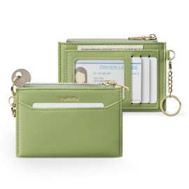 Vulkitty Slim Card Holder for Womem with Keychain and ID Window, Minimalist Wallet RFID Protected for Cards, Bills, Keys and Coins, Green