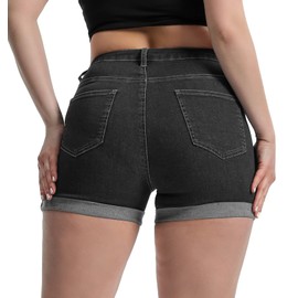 Romastory Women's High Waisted Elastic Jeans Shorts Folded Hem Hot Denim Shorts for Women (Large, Frazzlegrey)