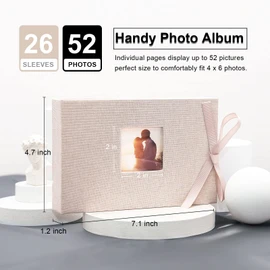 Vienrose Small Photo Album 4x6, Mini Picture Book with 26 Pockets, Clear Pages Holds 52 Photos, Linen Fabric Cover Postcards Photobook Red 1 Pack