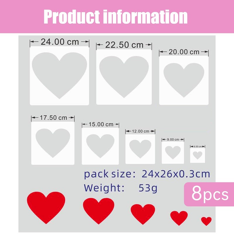 8 Pack Large Heart Stencils for Crafts, Reusable PET Plastic