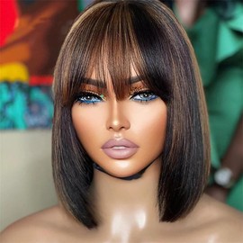 Thusiae Bob Wig Human Hair with Bangs Glueless 2.5x1 HD Lace Colsure Wigs Human,Bob Wig with Brown Highlights, Ready to Go Short Wigs For Women Beginner Friendly 16 Inch