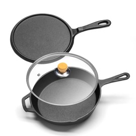LOCEHNGY Cast Iron Skillet (10-Inch) W/Tempered Glass Lid and 9.5inch Cast Iron Round Griddle Set