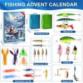2025 Fishing Advent Calendar - 24 Days Christmas Countdown with Fishing Lures & Tackle Kit, Xmas Gift for Men, Dad, Teen Boys, Fisherman with Storage Box