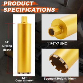 DaduoRi 4 1/2 Inch Wet Core Drill Bit, 4.5" Diameter x 14" Depth, 1-1/4"-7 Thread Diamond Core Bits for Concrete with Rebar, Masonry, Brick Block,Cement, Stucco, Stone (116mm)