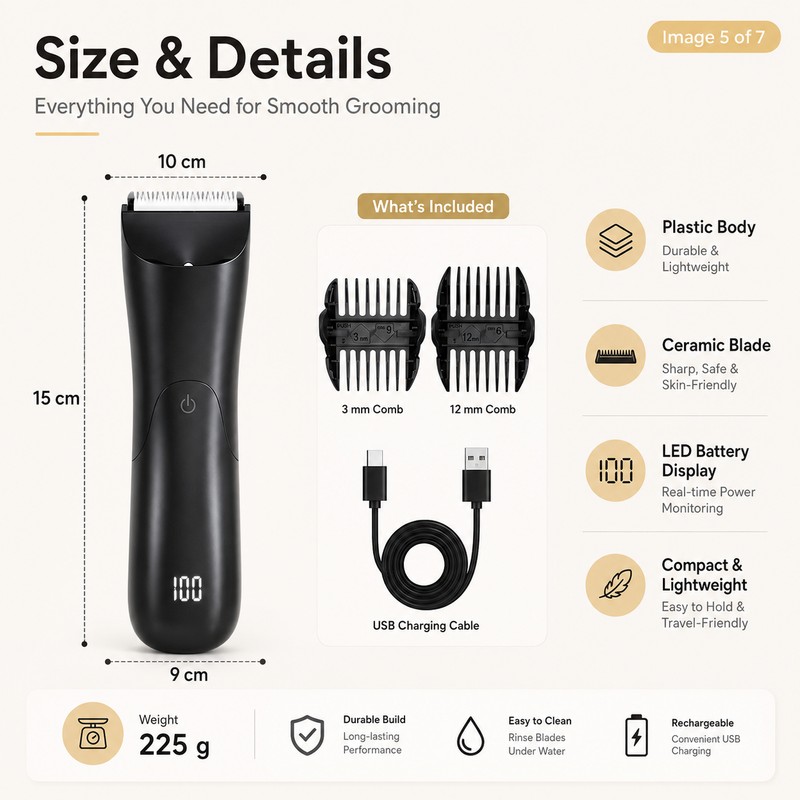 Waterproof Body Hair Trimmer for Full-Body Grooming – Ceramic Blade