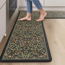 Collive Anti Fatigue Mats for Kitchen Floor, Cushioned Comfort Kitchen Rugs Sets of 2 Waterproof Non Skid Padded Sink Rugs, Boho Floral Rug Black Standing Mat for Office, Laundry