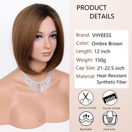 VIIYEESS Brown Bob Wigs for Women Highlight Short Straight Wig Side Part Synthetic Hair Replacement Wig Natural Looking