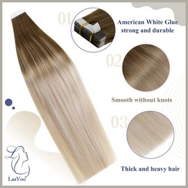 LaaVoo Ombré Tape-In Extensions Real Hair Balayage Light Brown to Ash Blonde Mix Platinum Blonde Remy Hair Extensions Tape-In Ombré Real Hair Extensions 30 cm 20 Pieces/30 g