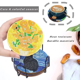 LINGFANG 8 Pcs Diamond Painting Coasters Kits, Van Gogh Sunflowers DIY Diamond Art with Holder & Cork Pad Non Slip Coaster for Beginners, Diamond Coaster Supplies Gift for Adults, Starry Night