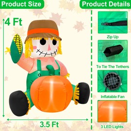 TURNMEON 4FT Fall Inflatables Scarecrow Outdoor Decorations, Blow Up Fall Harvest Scarecrow Hold Corn Yard Decorations Built-in LED Fall Autumn Harvest Thankgiving Decor Party Garden Lawn