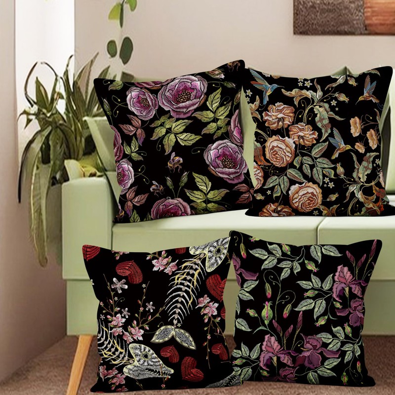 Black Gothic Floral Throw Pillow Covers, Purples Flower Dark Decorative