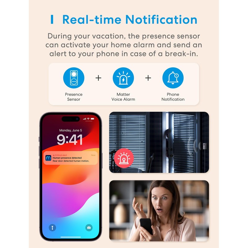 Meross Matter Motion Sensor, Smart Presence Sensor with Cable, WiFi