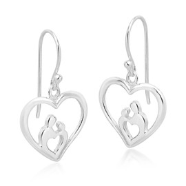 AeraVida Casual Lovely Mother & Child Heart Dangle Earrings | .925 Sterling Silver Jewelry for Women | Sentimental and Elegant Design, Metal