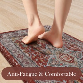 Sungea Vintage Red Kitchen Rugs Sets of 2, Anti Fatigue Kitchen Mats for Floor, Meomory Foam Kitchen Mat Non Slip Runner Carpet, Waterproof Standing Mat for Sink,Laundry,Office