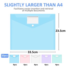 Pack of 20 A4 Document Wallets, Waterproof Document Folders, A4 Portfolio Folders with Label Pocket, Colourful Folders for Documents Organising, Office Supplies, Homework