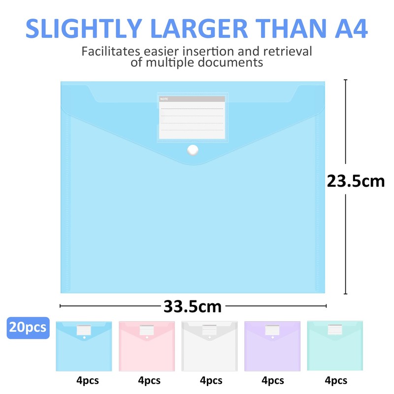 Pack of 20 A4 Document Wallets, Waterproof Document Folders, A4