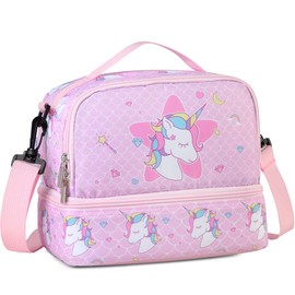 Lunch Bag for Kids, Insulated Lunch Box Cute Thermal Lunch Tote Bag with Dual Compartment and Removable Shoulder Strap,Pink Unicorn VONXURY