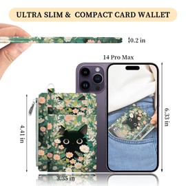 Hancynir Slim Wallet Women Credit Card Holder Cute Black Cat Floral RFID Small Mini Card Case Front Pocket PU Leather Thin Travel Zipper Coin Cash ID Window Girls Wallet Gifts